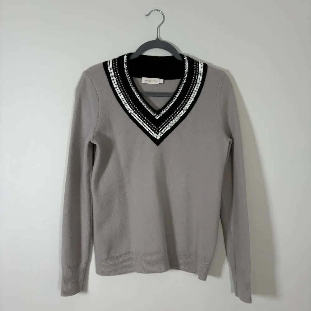 Tory Burch Gray Merino Wool Embellished Sequin V-Neck Sweater Size S/P Preppy